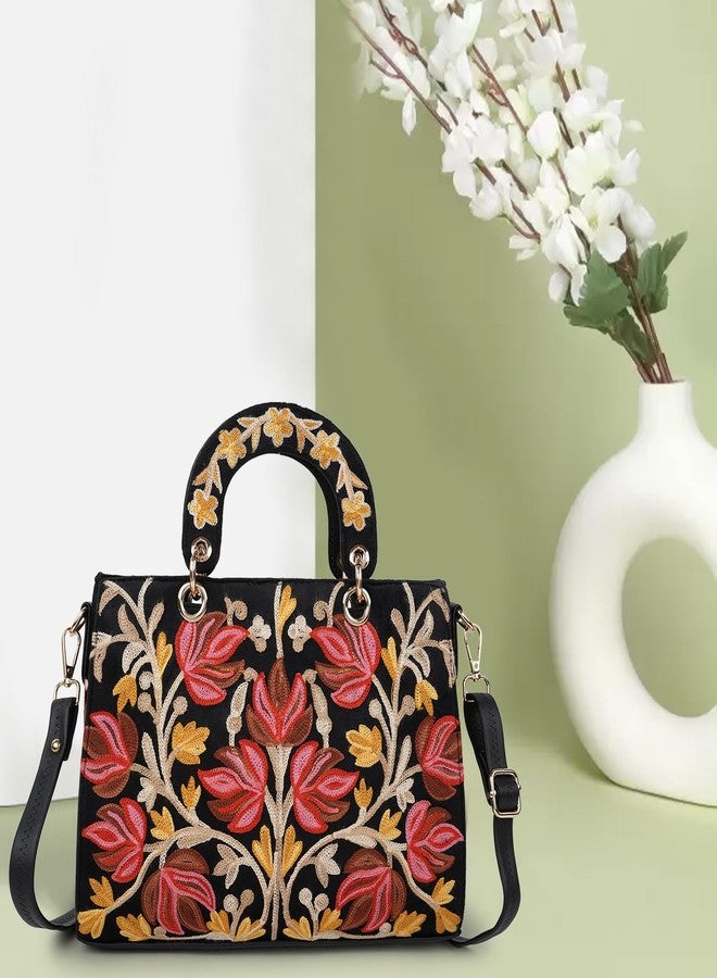 EVEDA Synthetic Leather Gorgeous Embroidery Stylish Design Shoulder Crossbody Hobo Women Handbag, Black - Image 2